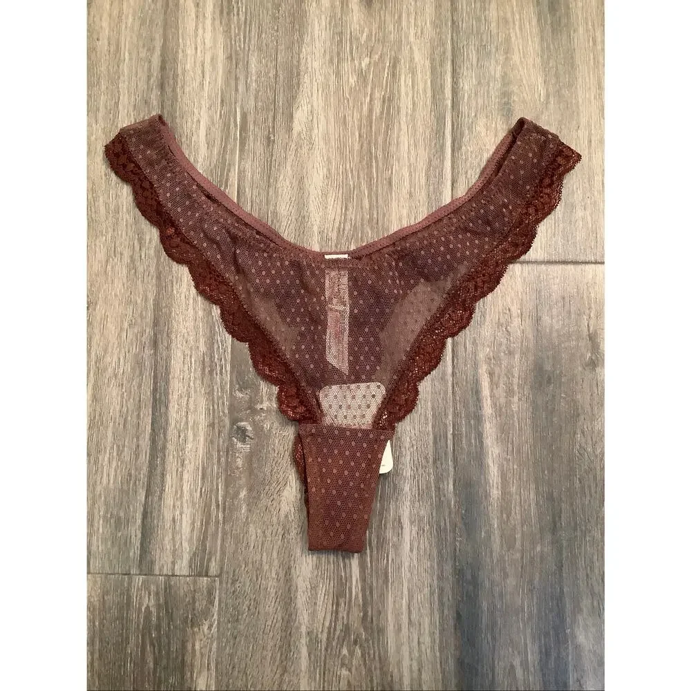 Intimately Free People Womens S Mocha Polka Dot Mesh Mid Week Thong Panty C12-6
